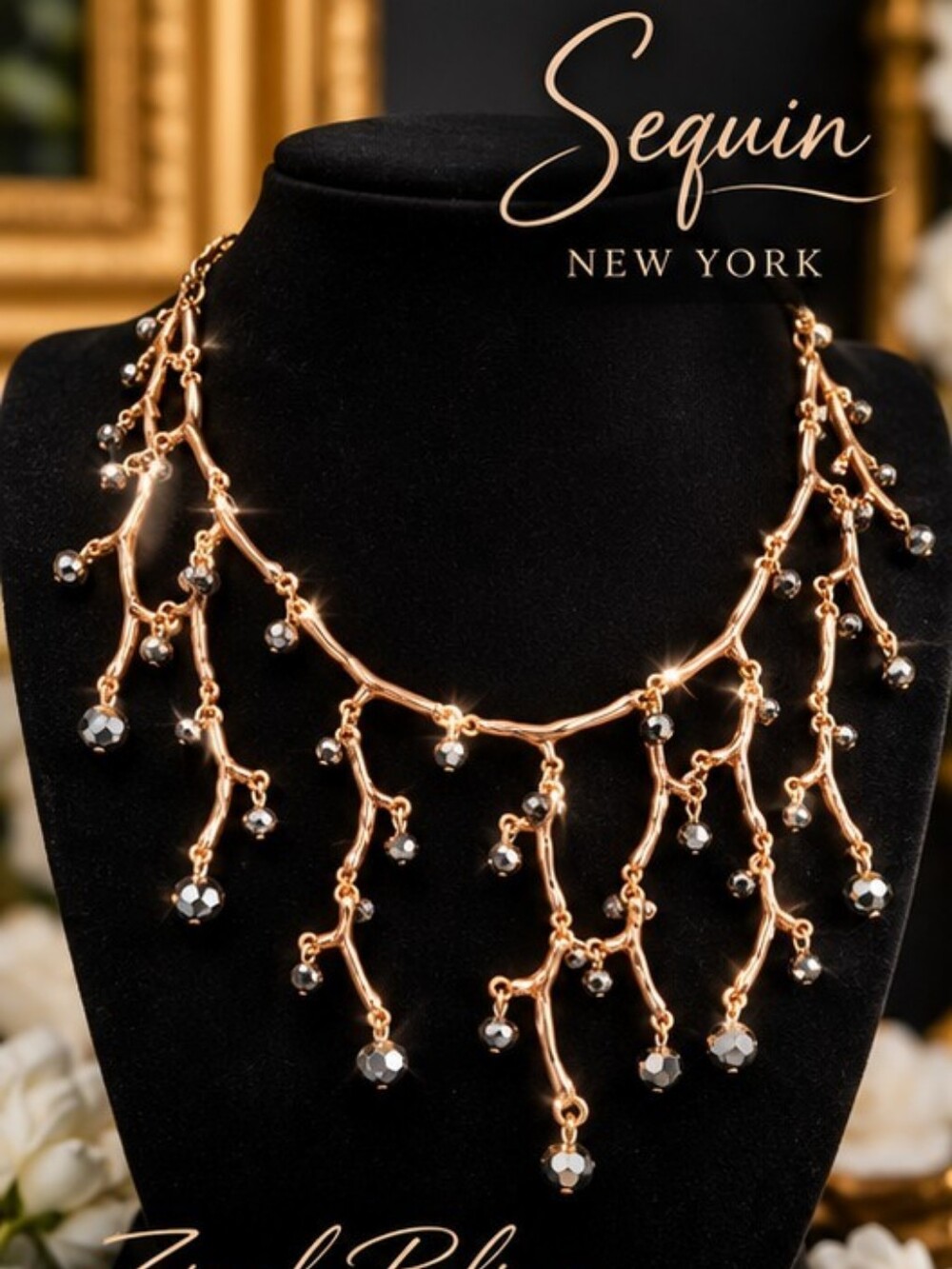 Sequin Rose Gold Organic Branch Crystal Bib Statement Necklace